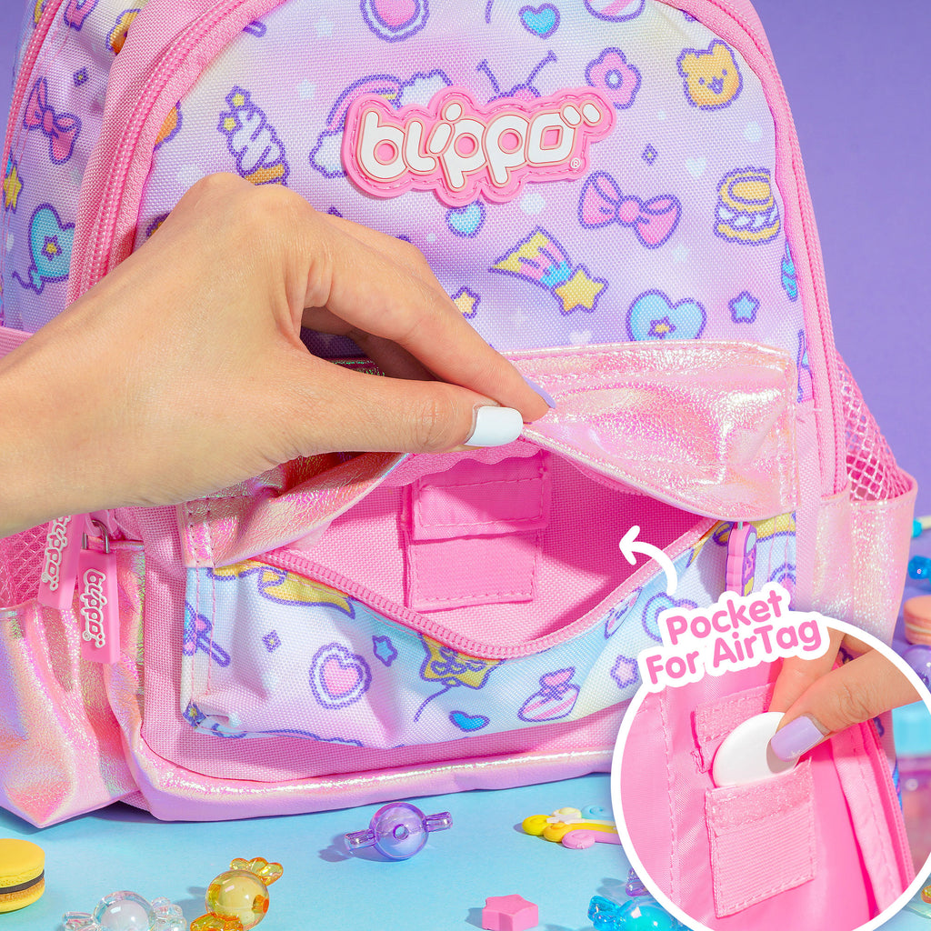 Showing the internal AirTag pocket on a toddlers’ backpack for girls.