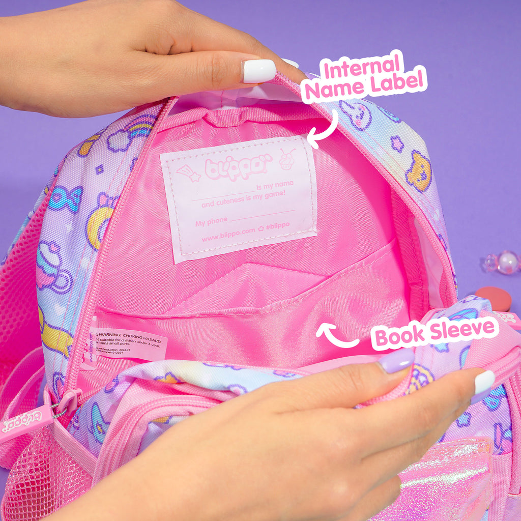 Showing the internal name label on a kawaii backpack for toddlers.