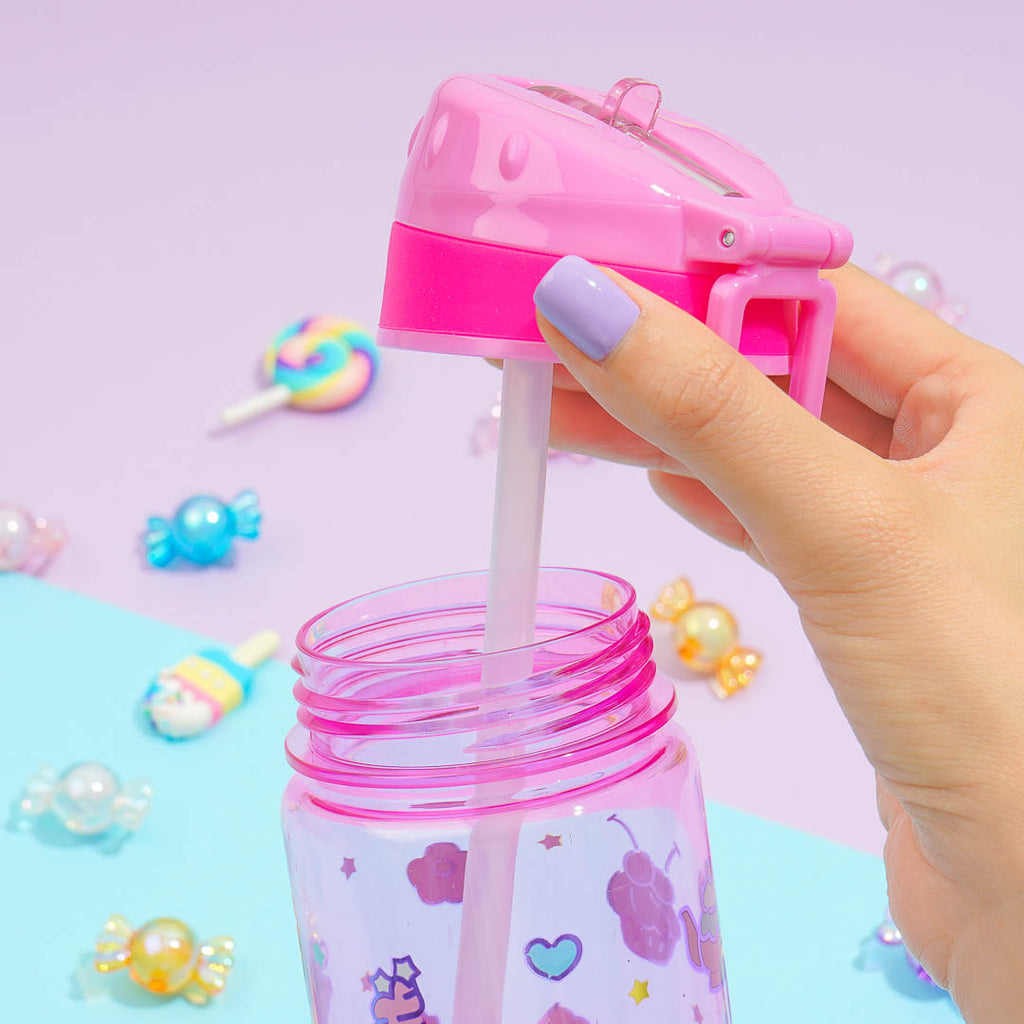 Water bottle for girls with a removable straw for easy cleaning.