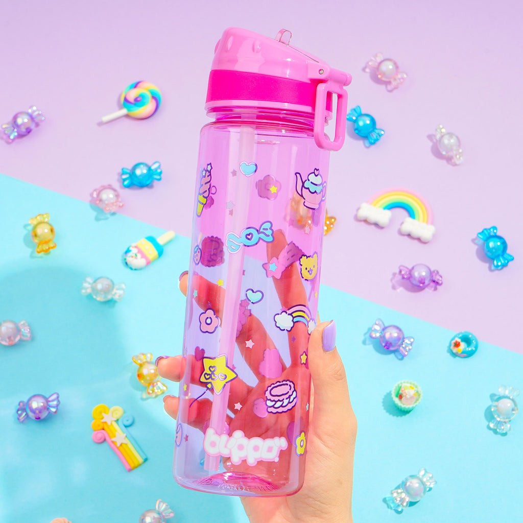 Holding a cute pink water for girls and featuring kawaii designs for school.