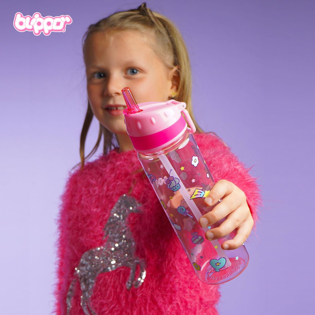 Girl holding a cute  leak proof kids’ water bottle.