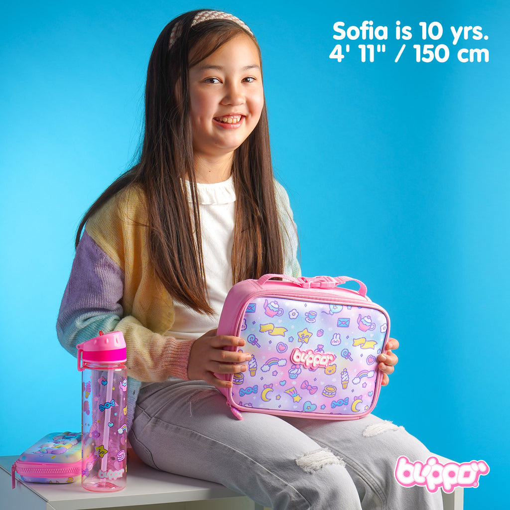 Girl holding a cute pink insulated lunch box designed for kids.