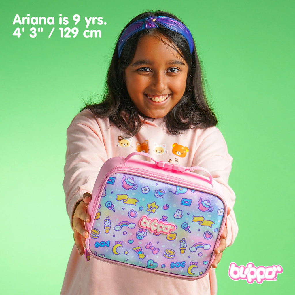 Girl holding a cute pink insulated lunch box designed for kids.