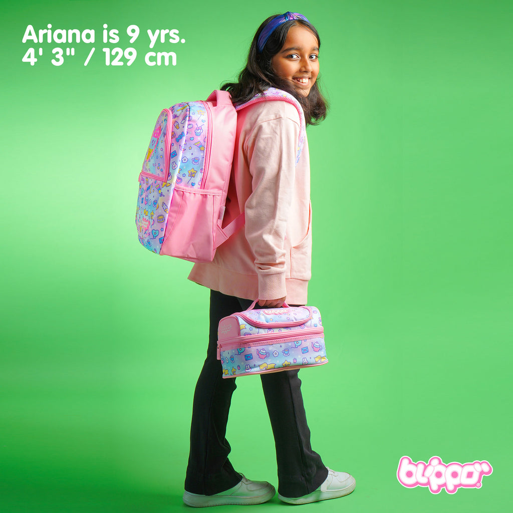 Girl holding a cute pink insulated lunch box designed for kids.