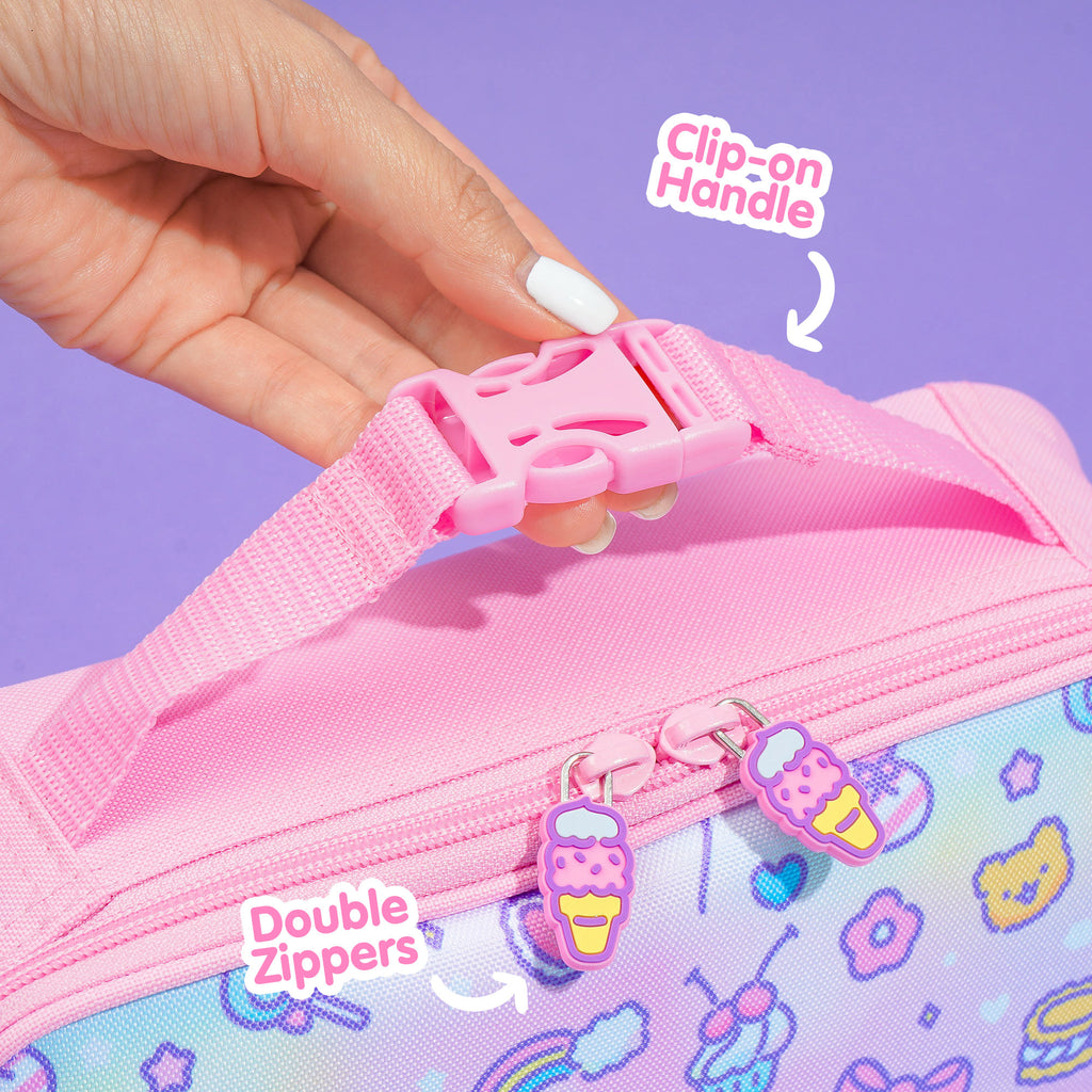 Pink insulated lunch box designed for girls and featuring kawaii designs for school.