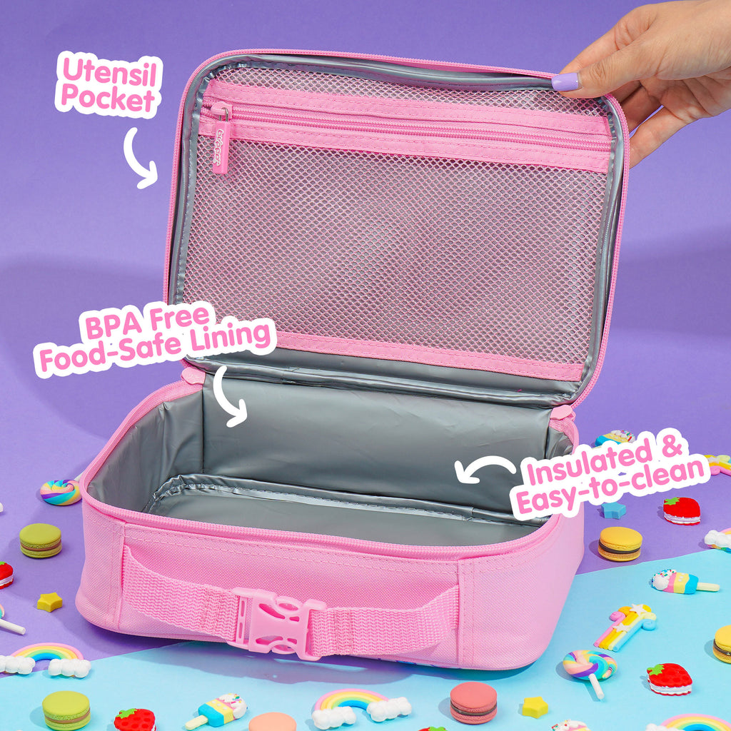 Pink insulated lunch box designed for girls and featuring kawaii designs for school.