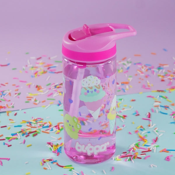 Cute girls’ water bottle for toddlers featuring pink kawaii prints and a spill-proof straw.