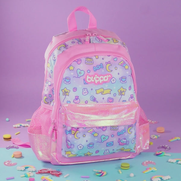 Opening a cute girls’ backpack for school. Featuring pink kawaii designs.