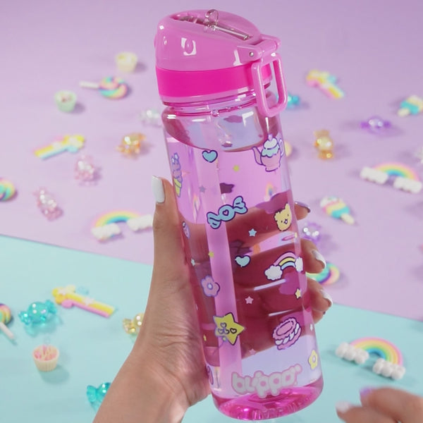 Cute kids water bottle for girls featuring pink kawaii prints and a spill-proof straw.