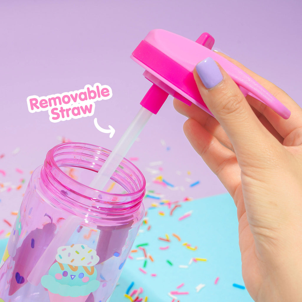 Water bottle for toddler girls with a removable straw for easy cleaning.